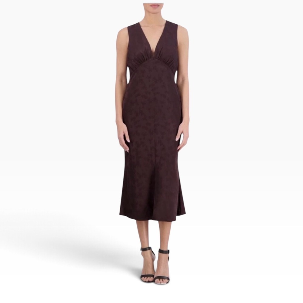 BCBG New York Brown Floral Jacquard V-Neck Midi Slip Dress 90s Boho Chic 4
